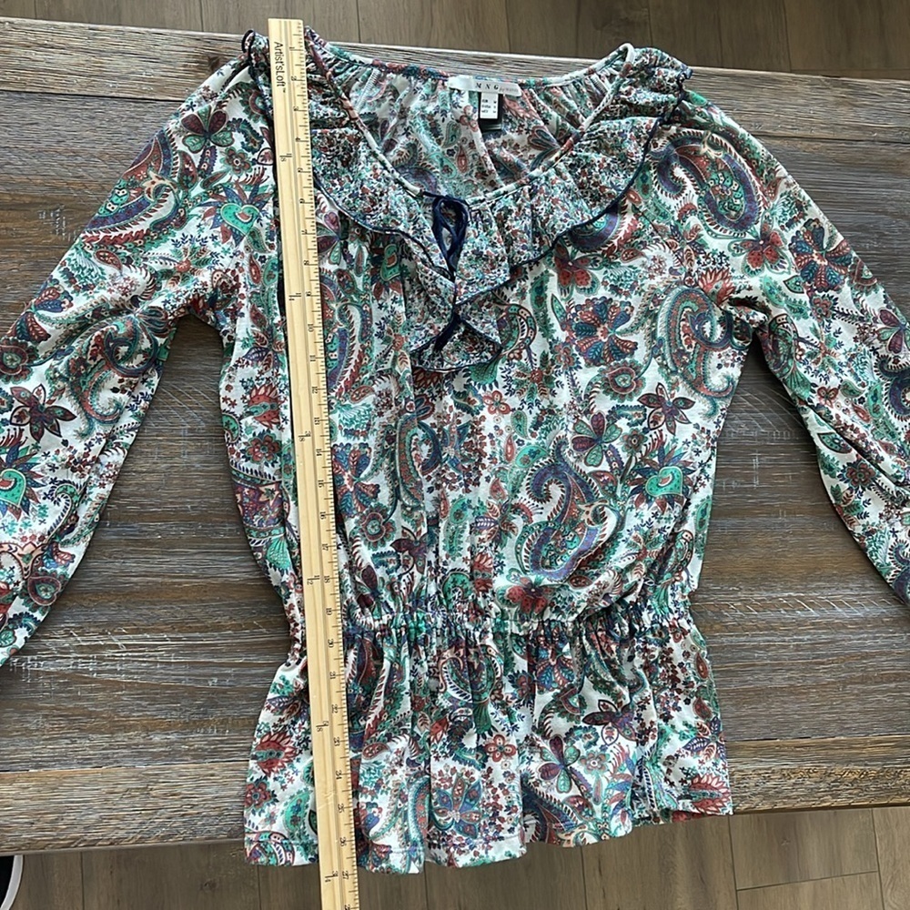 Mango Bohemian Sheer 3/4 Sleeve Paisley Print Tie-neck Blouse Top Size S V Neck - Picture 8 of 9